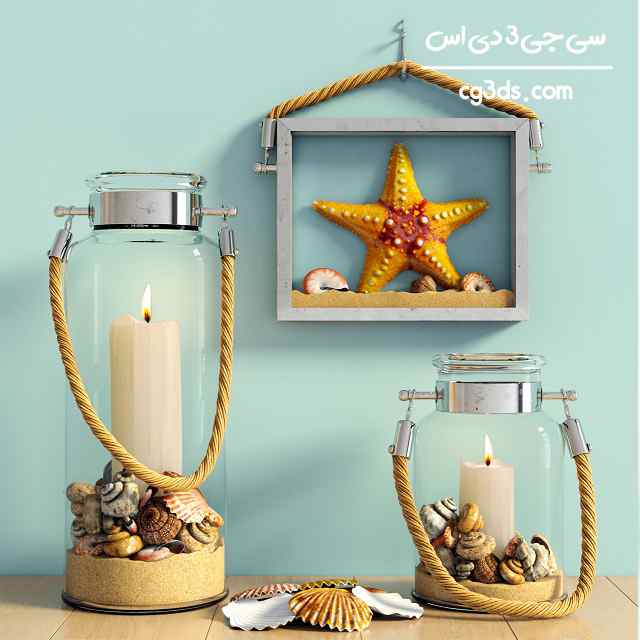 آبجکت شمع داخل شیشه و ستاره دریایی